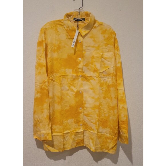 NWT Caara Women Long Sleeve Button Down Shirt Blouse Top Yellow Tie Dye Sz Large - Picture 2 of 10